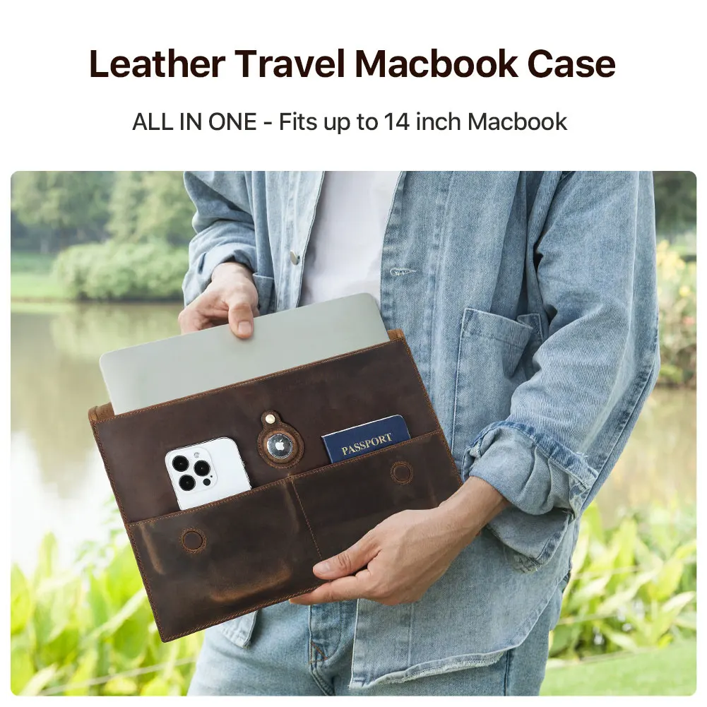 Bolsa de negócios para laptop de couro genuíno feita à mão protetora Macbook M2 M1 Air 13 14 15 16 polegadas Bolsa de viagem com capa Airtag