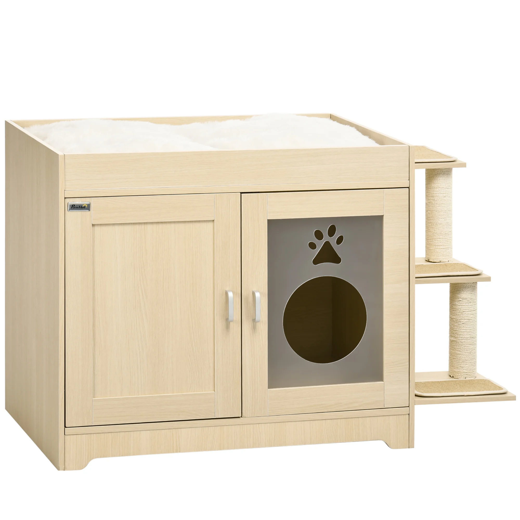 PawHut wooden cat litter with 2 doors cat litter furniture with soft cushion bed 3 platforms and Sisal posts 107x54x70 cm Oak