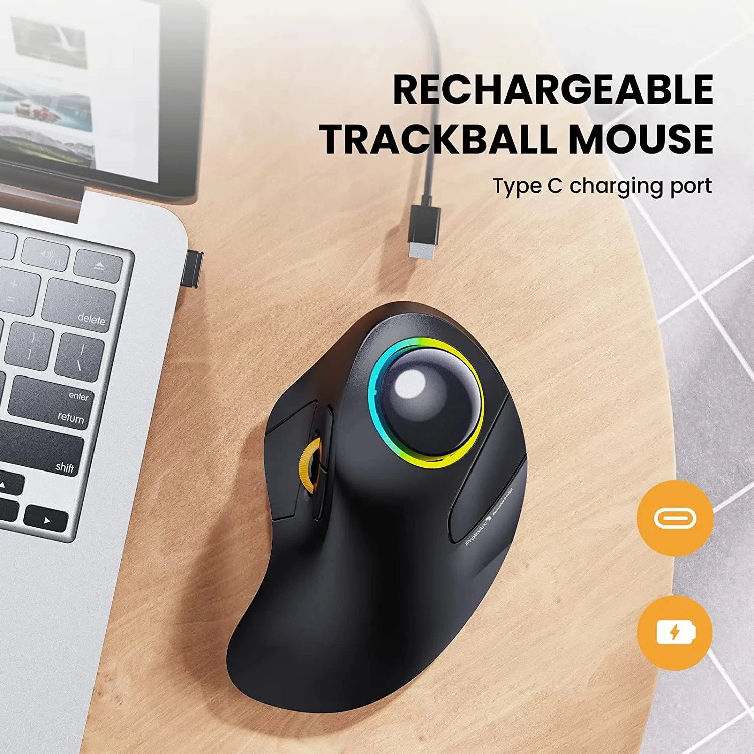 

ProtoArc EM03 Wireless Ergonomic RGB Backlit Rollerball Mouse Rechargeable for Windows Mac iPad Bluetooth Trackball Mouse