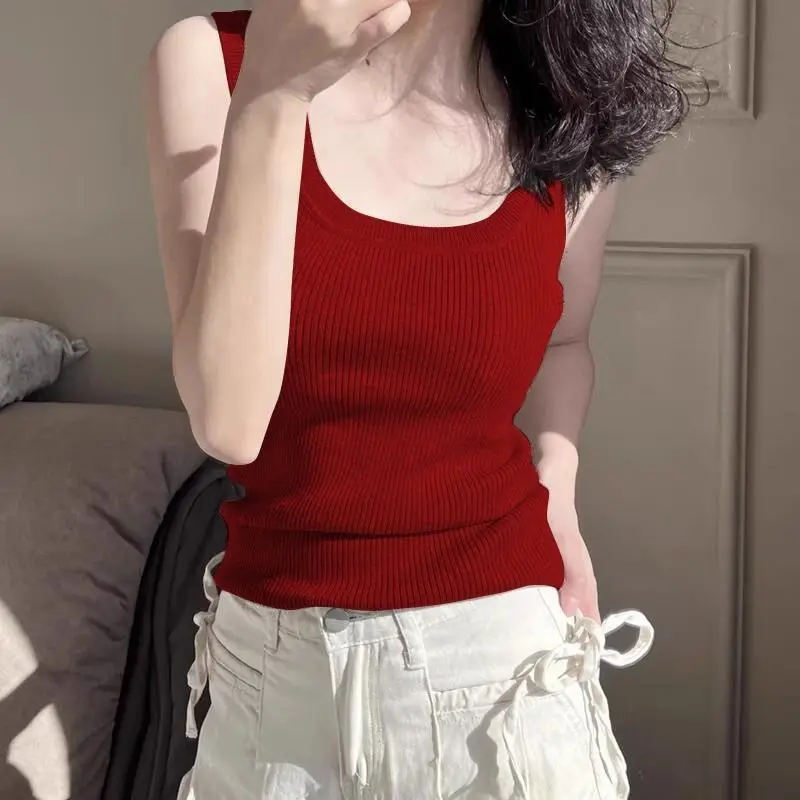 

Летняя женская однотонная майка без рукавов, тонкий женский вязаный жилет в рубчик с широким ремешком, простая повседневная базовая однотонная одежда для фитнеса D63