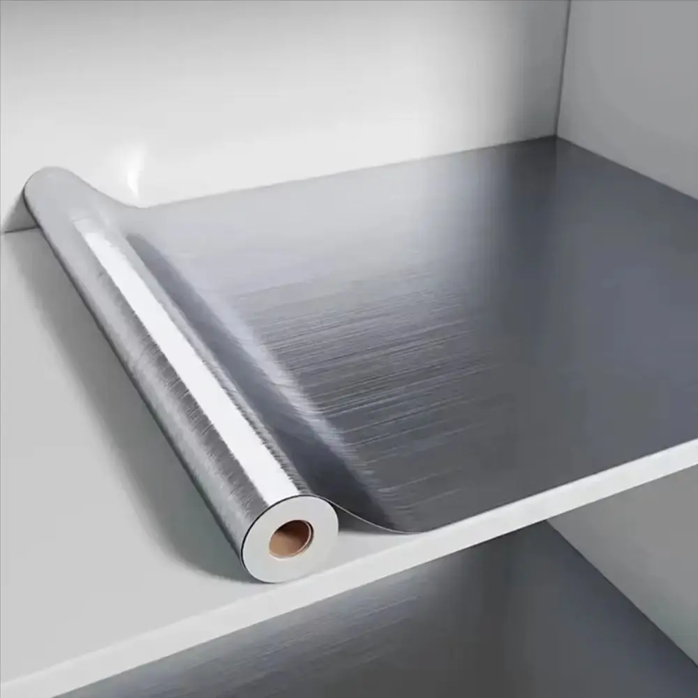 PVC Material Wallpaper Decor Film Waterproof Stainless Brushed Silver Vinyl Wallpaper Oil-Proof 40 cm Width Adhesive Wallpaper