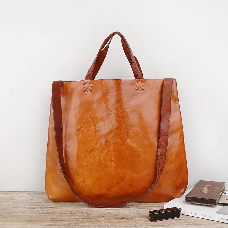 

Vegetable Tanned Cowhide Commuting High-capacity Tote Bag Leather Famous Designer Handbag New Vintage Luxury Brand Women's Bag