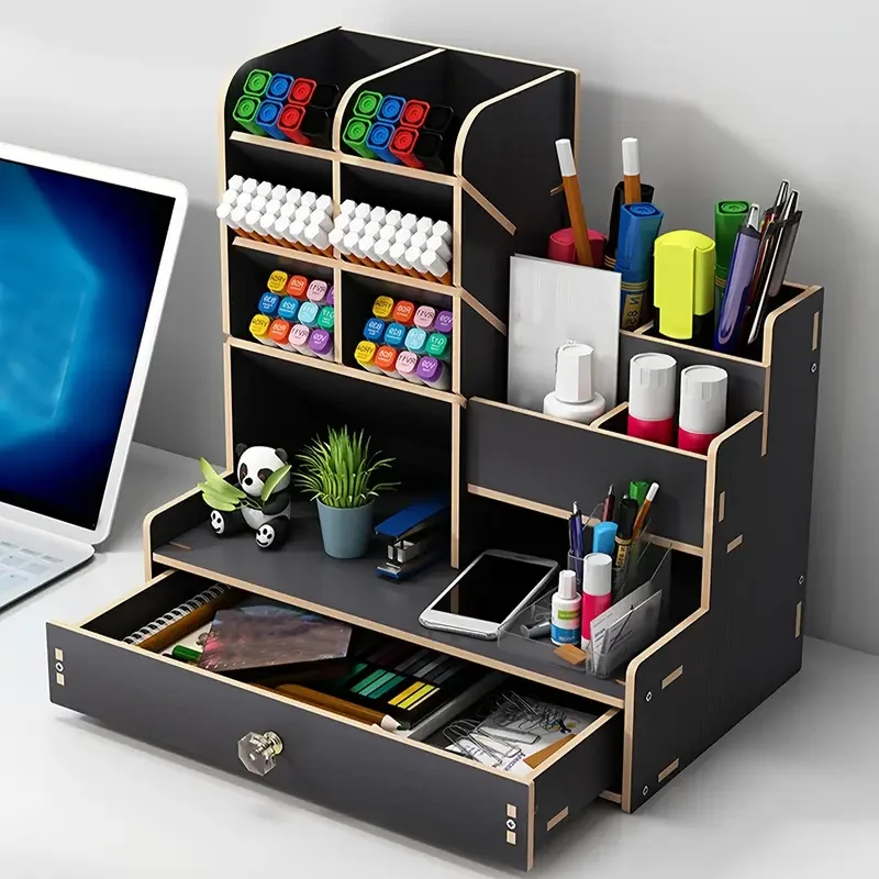 

Wooden Desk Organiser DIY Desktop Tidy Pen Holder Large Capacity Stationery Storage Box with Drawer for Home Office and School