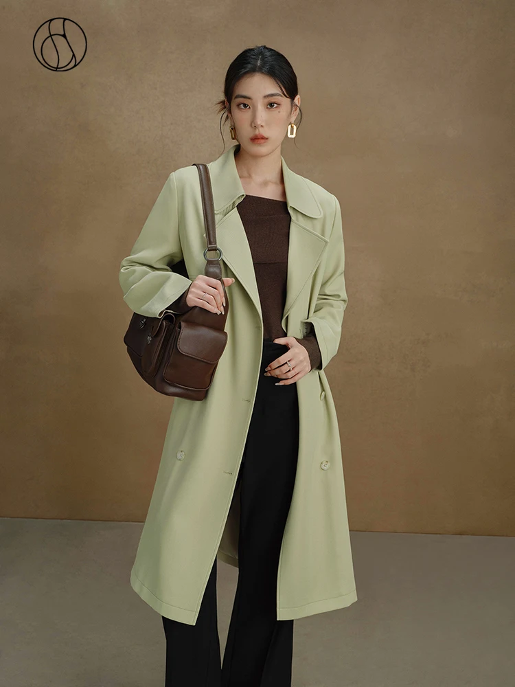 DUSHU Classic Style Simple Loose Windbreaker for Women 2023 Autumn Mid-length Double-breasted Long Trench Coat with Belt Female