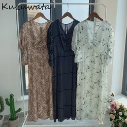 Kuzuwata V Neck Drawstring Puff Sleeve Pleated Dress 2024 French Style Elegant Chic Print Women Dresses Spring New Vestidos