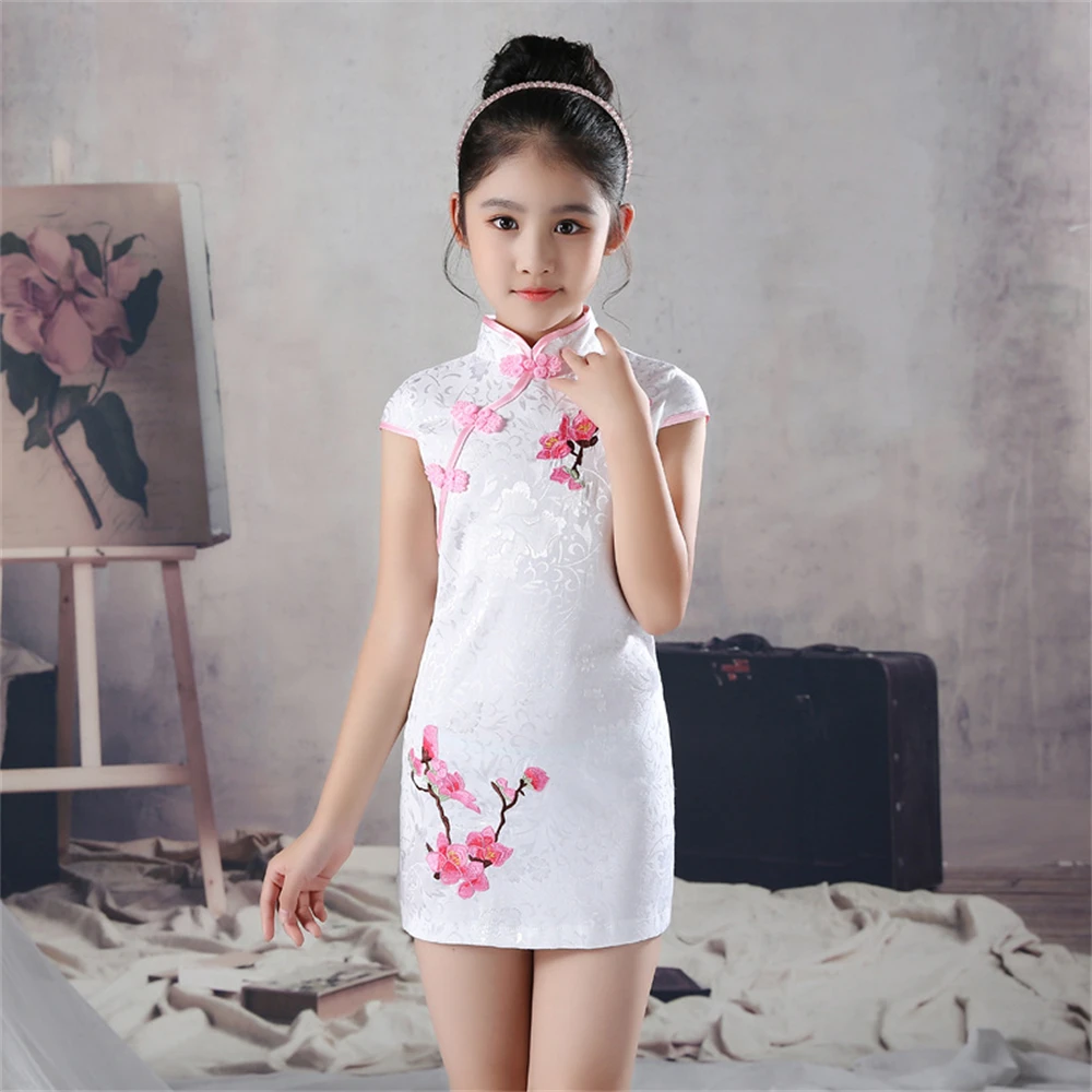 Weißes Mädchen Blumen stickerei Cheong sam Sommer chinesisches traditionelles Kleid Kinder Bühnen leistung Qipao Vestidos Hochzeits feier Kleid