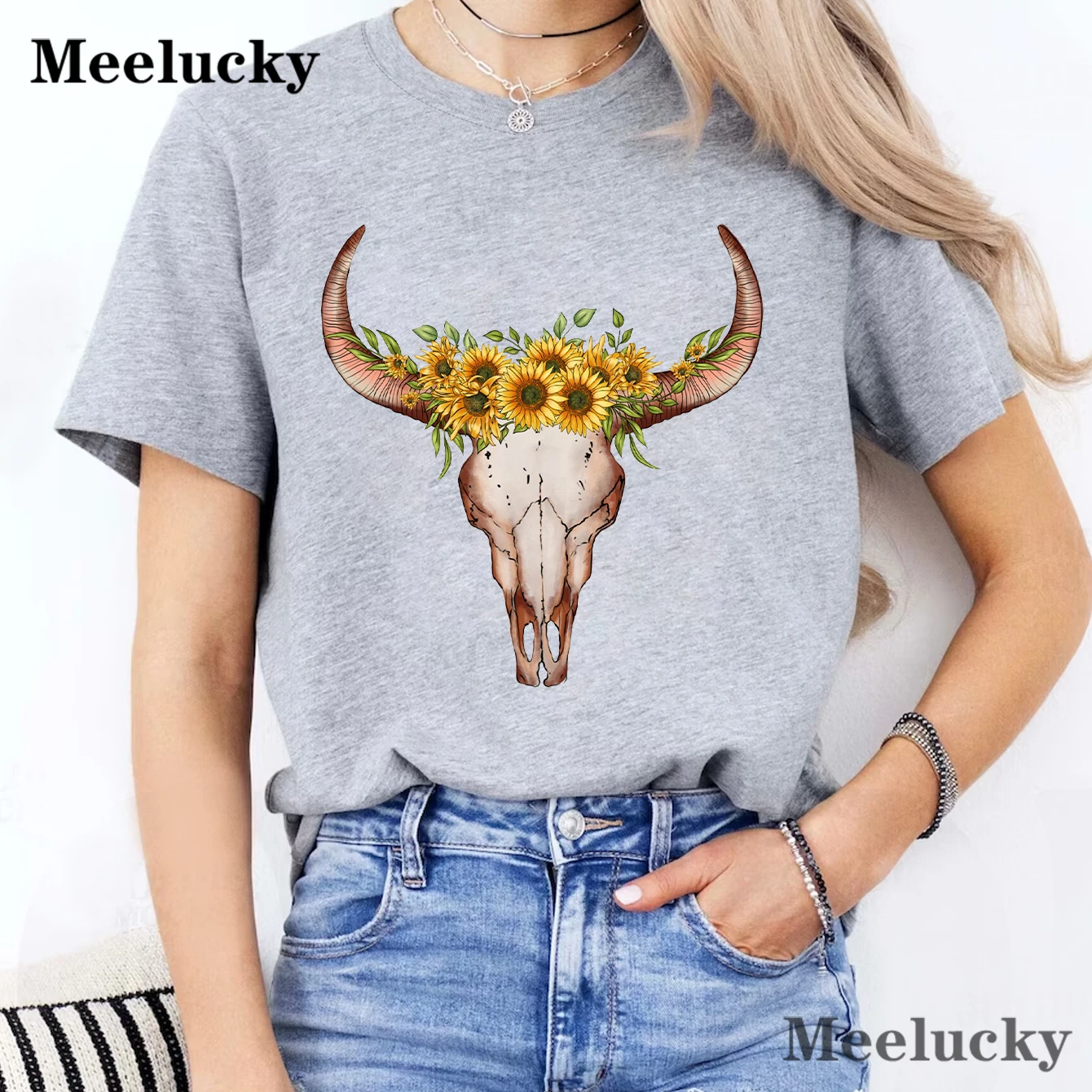 Sunflower Boho Skull Maycaur Women's T-shirt Casual Sunflower Pattern Print Tshirt Comfortable Casual Women's Clothing Top