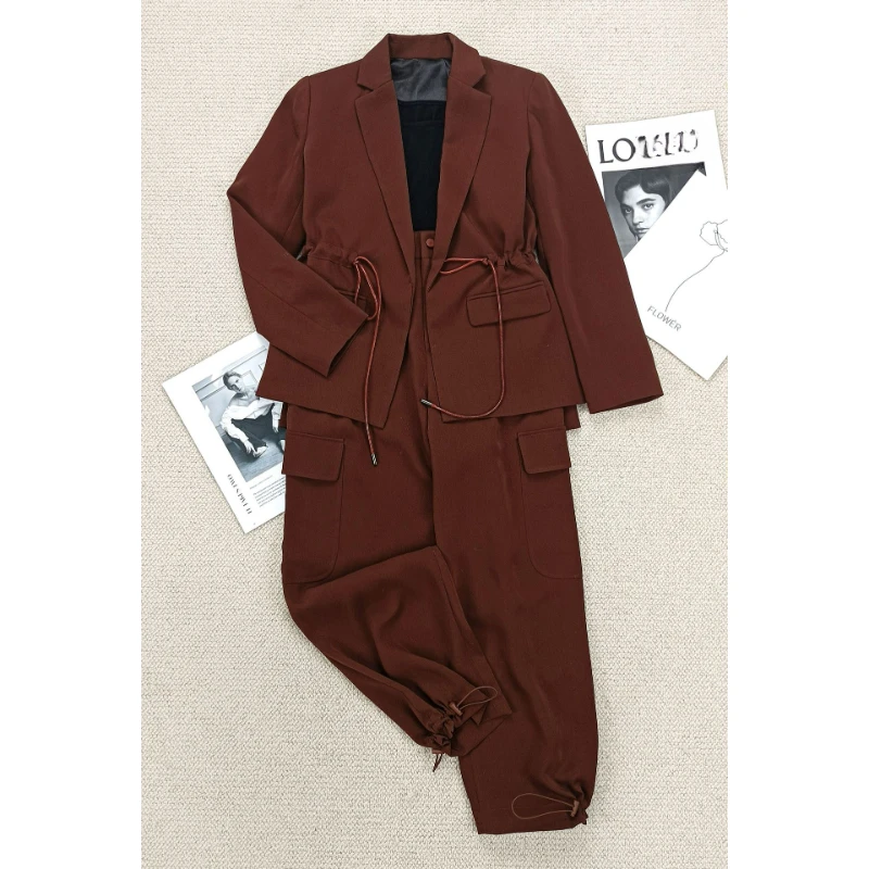 Silk-like Blazers Set Autumn Collection Fashion Light Luxury Office Wear Solid Waist-tied Suit for Women Trousers Drawstring