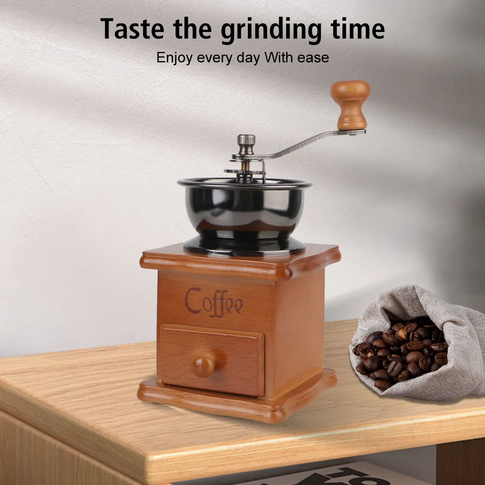 1pcs Retro Style With Ceramic Millston Spice Burr Mill Coffee Manual Coffee Bean Grinder Utensils Stainless Steel Handle Wooden