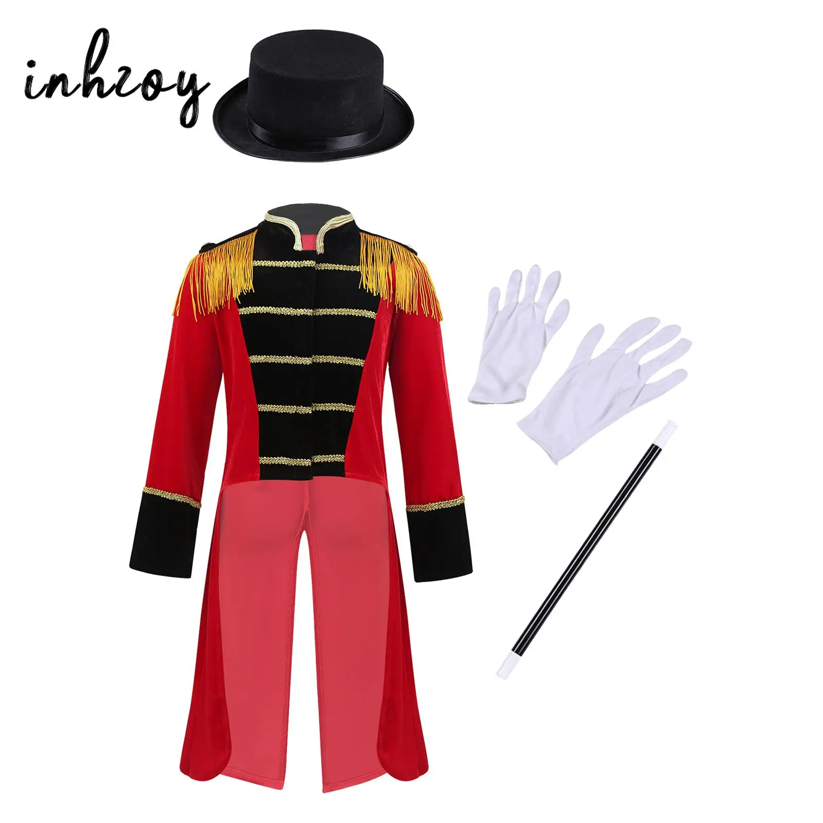 Kids Boys Circus Ringmaster Costume Long Sleeve Tassels Tailcoat Jacket with Hat Magic Wand Gloves Halloween Cosplay Outfits