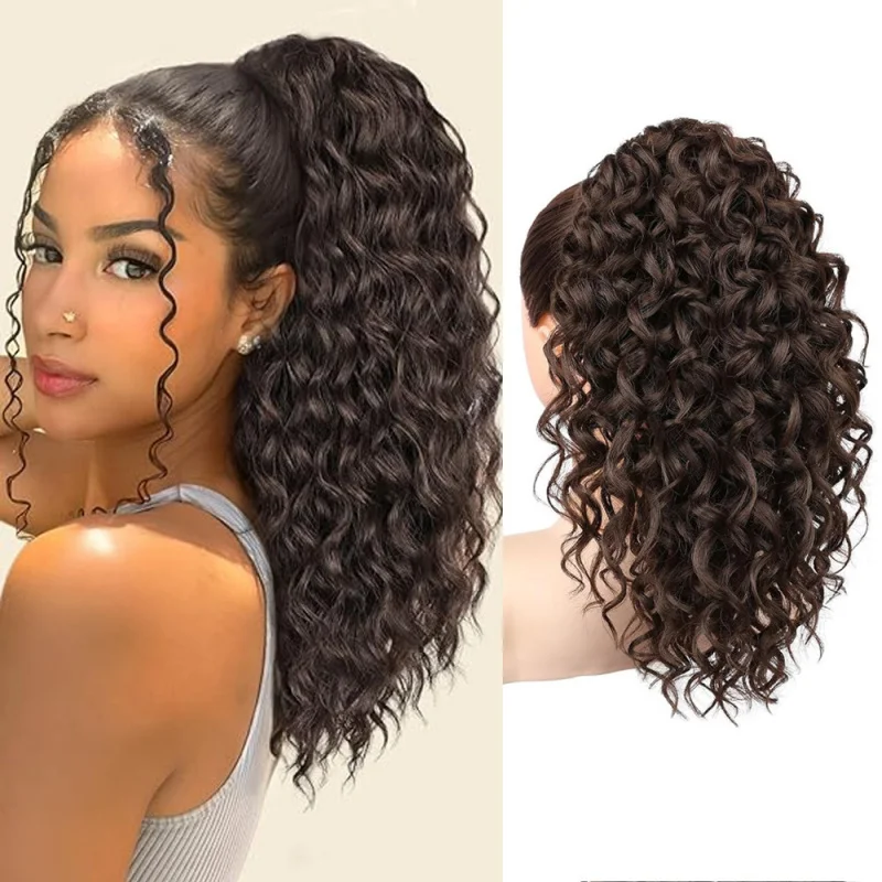 European and American curly 18inch African wavy claw clip ponytail long black-brown
