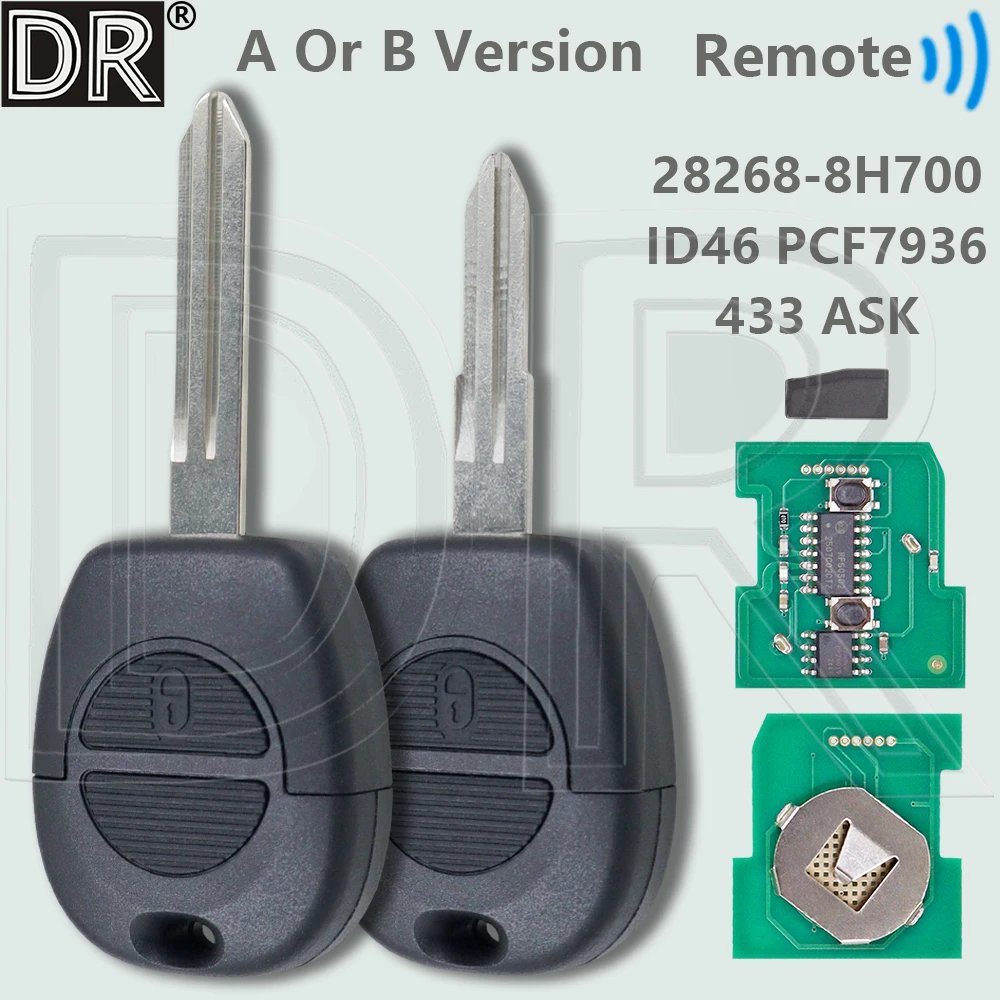 

Автомобильный ключ с чипом DR 433ASK ID46, 28268-8H700, или печатная плата, или корпус для Nissan Patrol, Navara, Serena, Primera, Micra, Almera, X-Trail