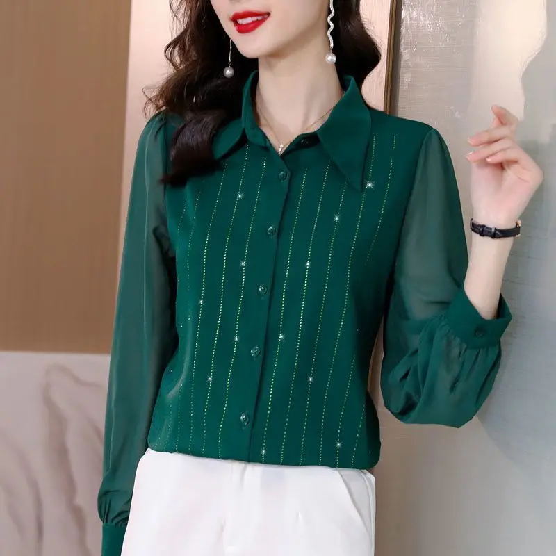 

Elegant Lapel Solid Color Diamonds Chiffon Shirts Women Clothing 2024 Autumn New Loose Long Sleeve Chic Tops Office Lady Blouses