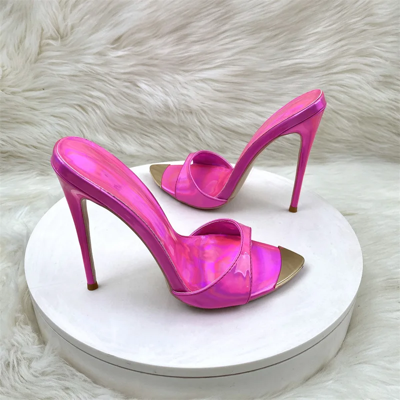 Tikicup Sexy Hot Pink Stiletto Heels Open Toe Slip-On Mule Sandals for Women Elegant Party Wedding Dress 12cm High Heeled Shoes