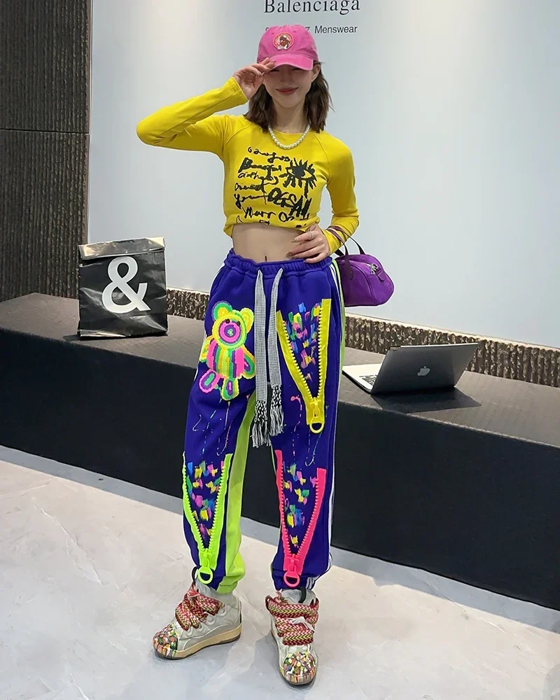 Street Graffiti Printing Casual Pants for Women 2024 Spring Summer New Loose High Waist Slimming Ankle-Tied Track Sweatpants