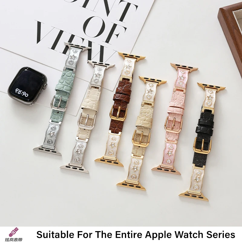 สายหนังปิดทองรูปทรงสามดาวเข้ากันได้กับ 38/40/41/42/44/45/46/49 มม. เข้ากันได้กับสาย Apple Watch Ultra/Se10/9/8