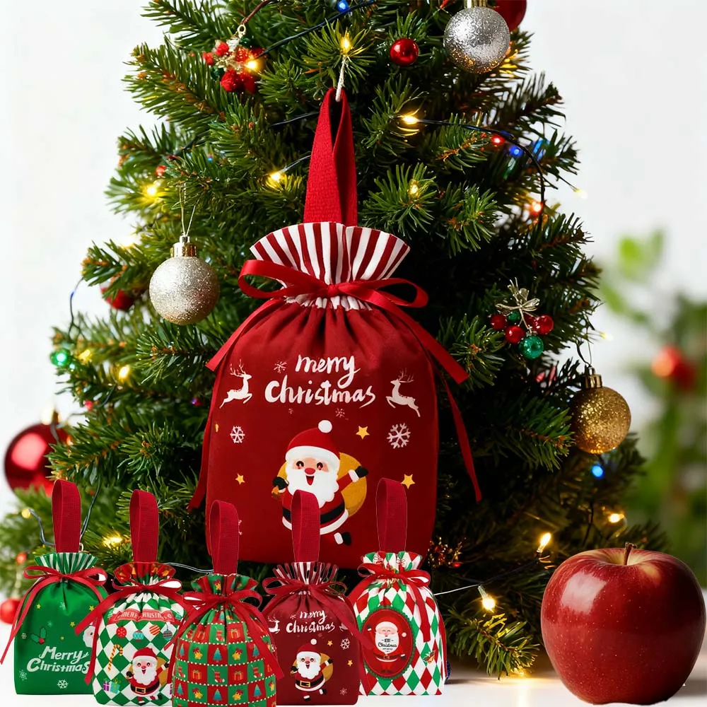 

5/10pcs Christmas Drawstring Velvet Bag Velvet Gift Candy Box Reusable Diy Xmas Apple Wrapping New Year Party for Festive Decor