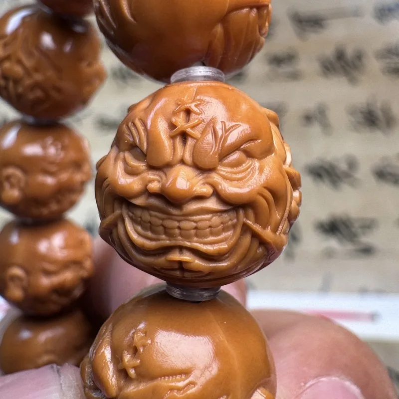 Carved Figurine, Evil Monk Monkey Walnut Bracelet, Eight-Sided Peach, Single Strand 15Mm