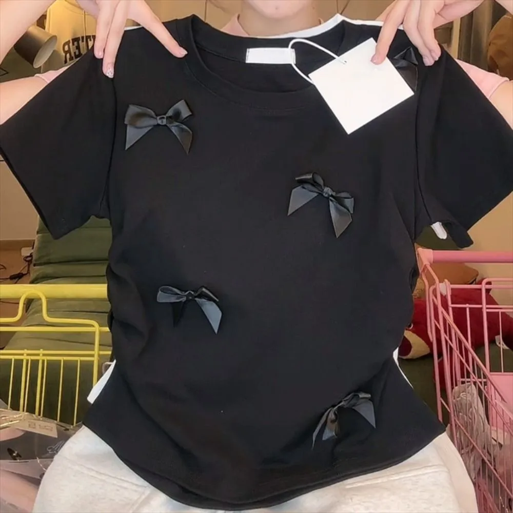 

Cute Ballet Bowknot T Shirts Japanese Style Short Sleeve Women Top Solid Color Round Collar Ribbon Crop Tank Top Women Girl