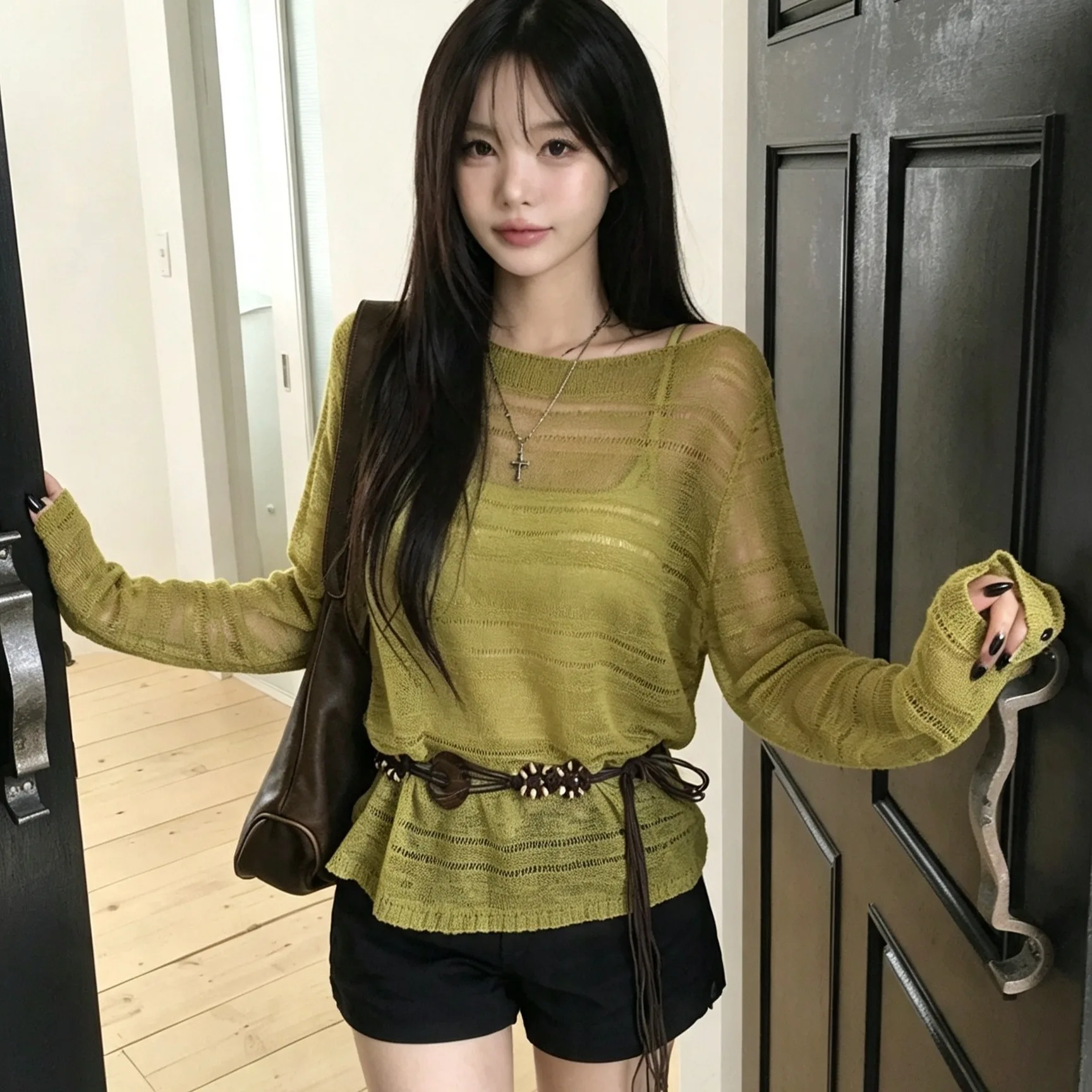 Autumn Pure Color Hollow out Long Sleeve Knitted Sweater Loose Feel One Shoulder Design Casual Style Women's Fashion