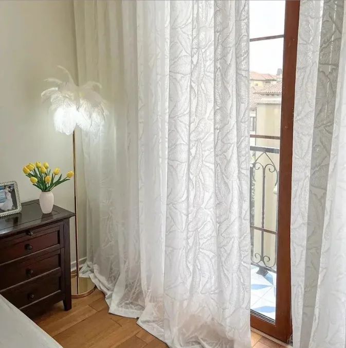 1 PC Large Leaf American Three-dimensional Embroidery Light-transmitting Curtains for Living Room, Bedroom and Balcony