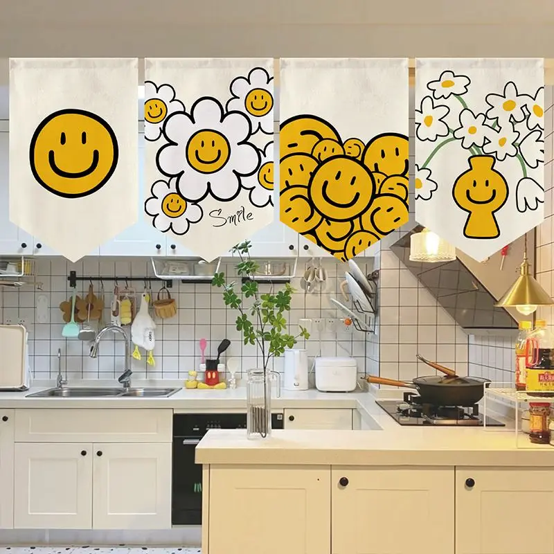 VIKAMA Daisy Smile Face Triangular Curtain Yellow Emoji Vase Flower Self Love Quote Cute Kitchen Window Valance Decor Warm Cozy