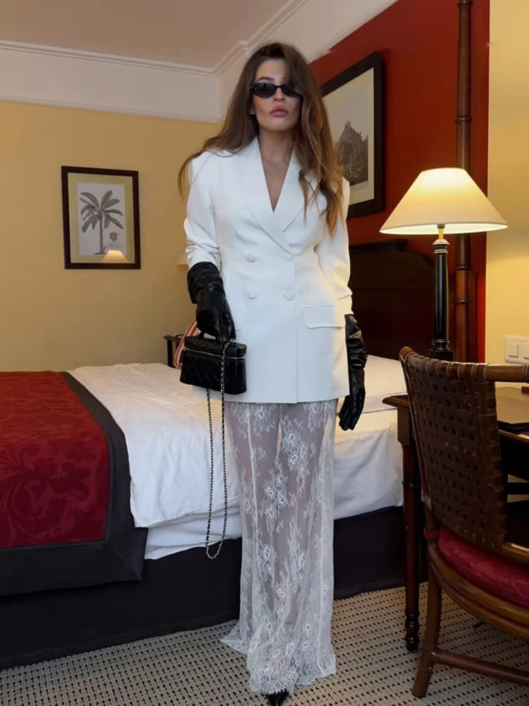 

HH Women New Fashion Solid Lapel Double-Breasted Slim Blazer Coats+Temperament Translucent High Waist Zipper Long Skirt Suit