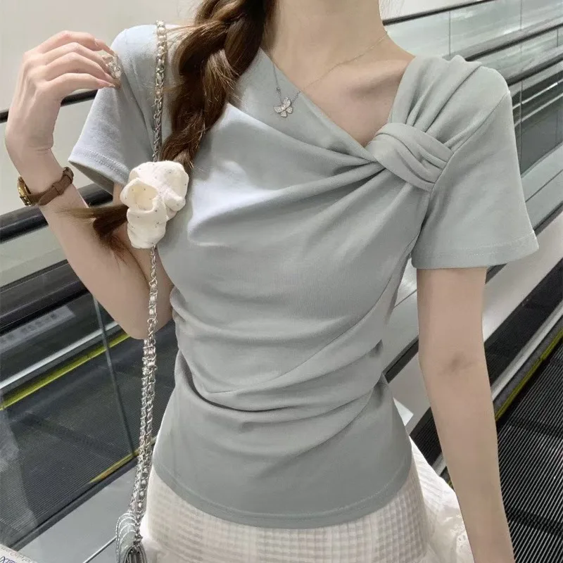 

Nice Female Summer Fashion Simplicity Shirring Solid Color Diagonal Collar Women Clothes Office Lady All-match Irregular Short S