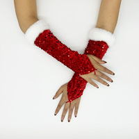 A large red Christmas fuzzy hook finger exposed finger holiday decoration glove with shiny sequin clothing performance glove