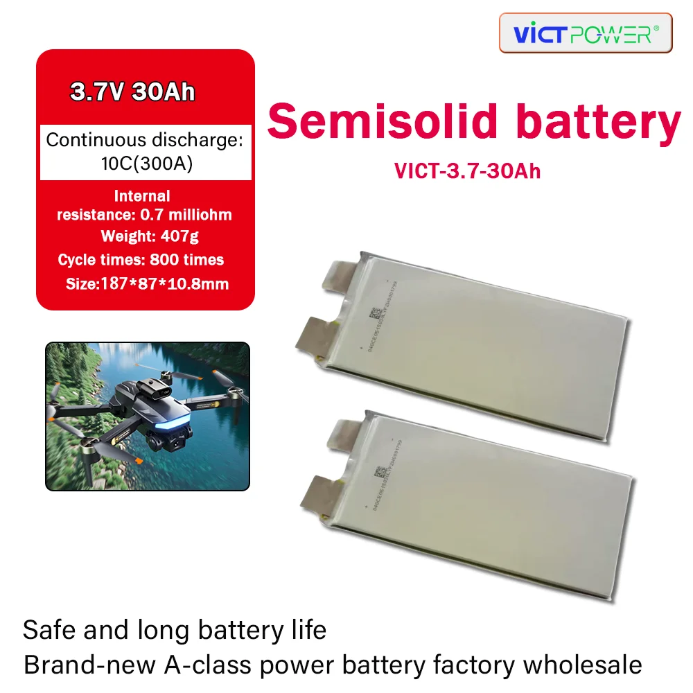 

Victpower 270Wh/kg Semi-solid Battery -3.7V30Ah30000mAh Aircraft Model RC Crossing UAV FPV Lithium Battery A