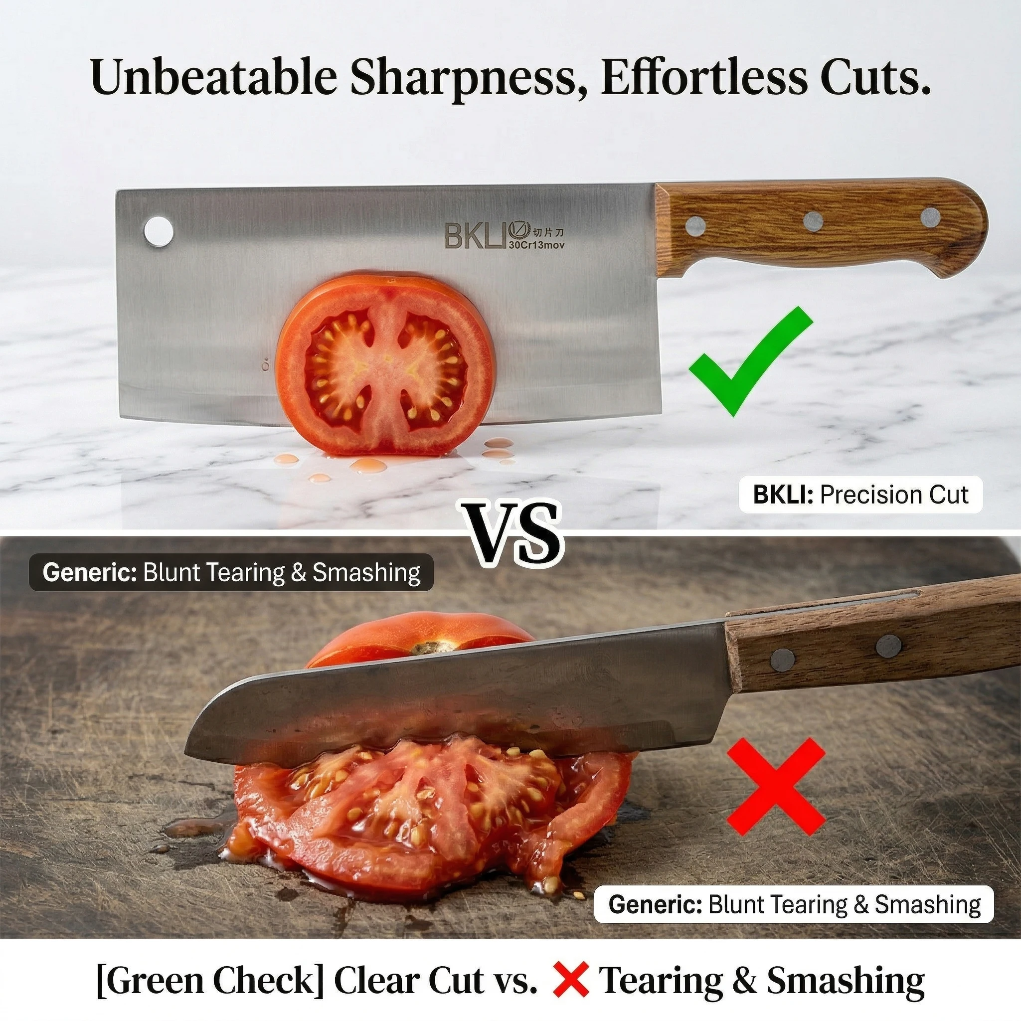 New Premium Kitchen Cleaver Effortless Cutting Slicing Knife, Rust-Proof 30Cr13 Steel Chef Knife with Wood Handle for Home Cook