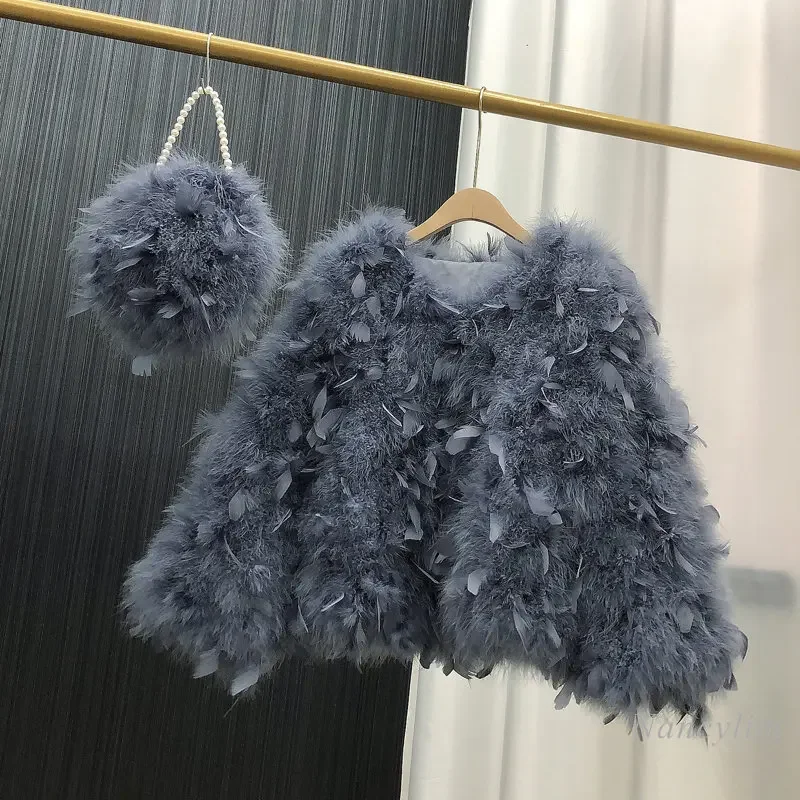 Feather Coat Women Round Neck Sweet Solid Color Winter Short Ostrich Feather Real Fur Cotton Coats Warm Birthday Party Wear