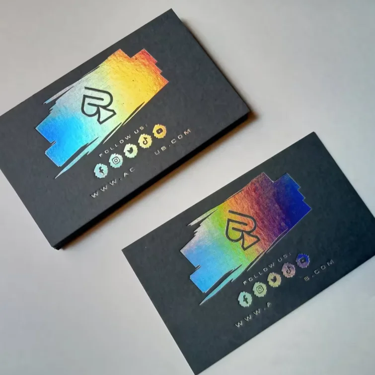 200pcs/lot Custom texture paper thick black cardboard holographic business card printing with rainbow edge