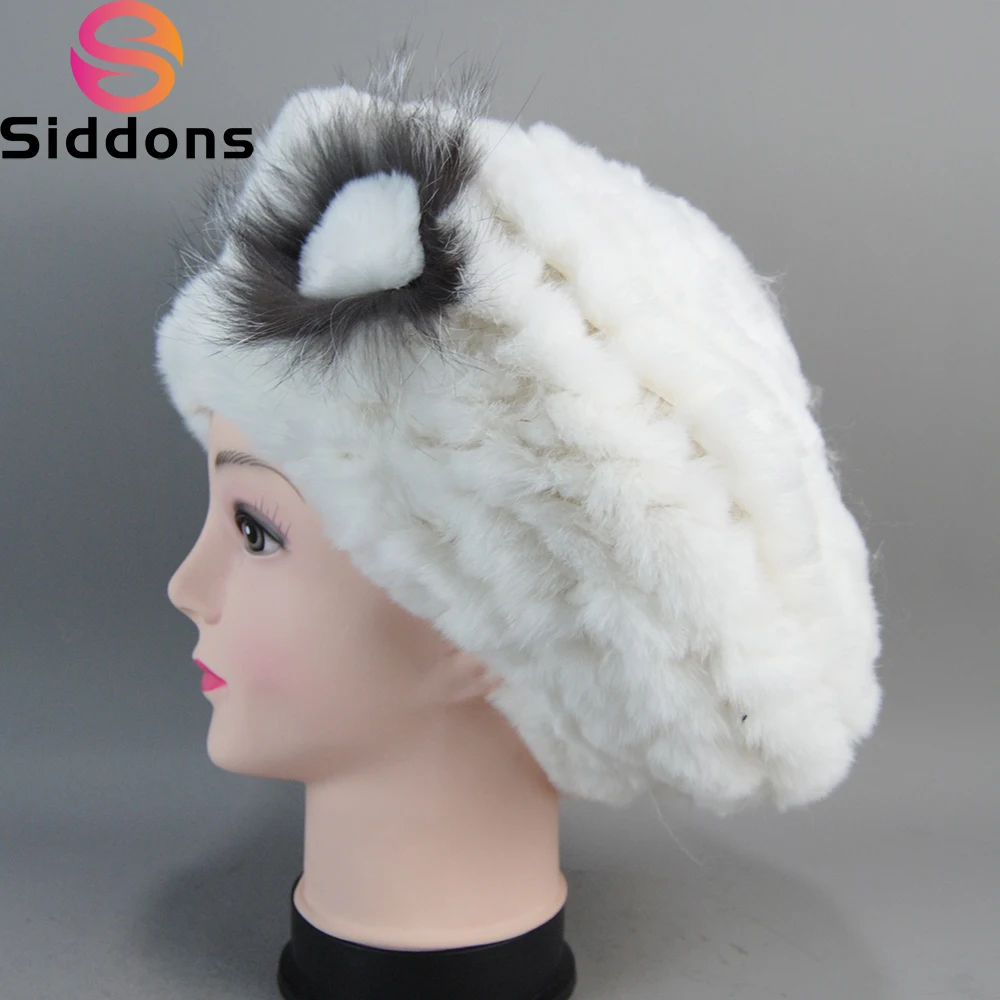 

New Women Beret Cap Genuine Rex Rabbit Fur hat New Arrival Knitted Headwear Winter Real Fur Hats Brand fur caps for lady Russian