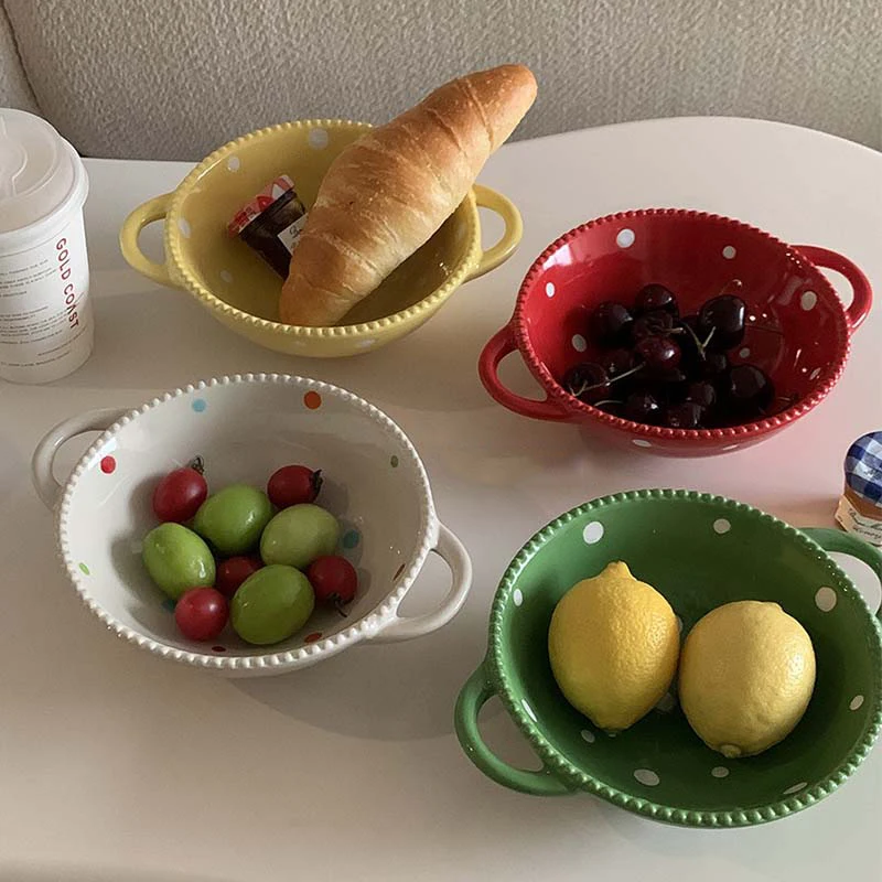 Vintage Dots Ceramic Bowl Relief Round Hem Salad Bowl Casual Breakfast Yogurt Bowls Household Double Ear Porcelain Fruit Bowls