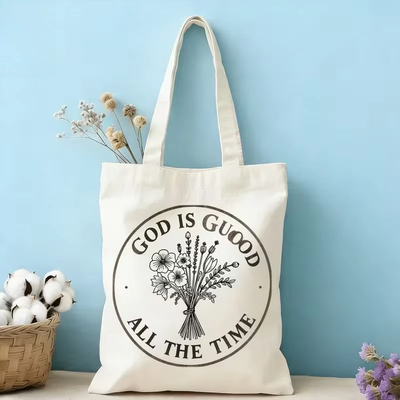 Inspirational Tote Bag with God Is Good All The Time Open Top Canvas Minimalist Floral for Work Church Commute Daily Use