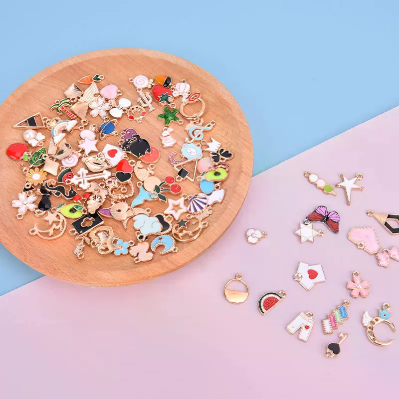 100PCS Different Styles Mix Size Color Alloy Metal Drop Oil Charms Gold Pendant