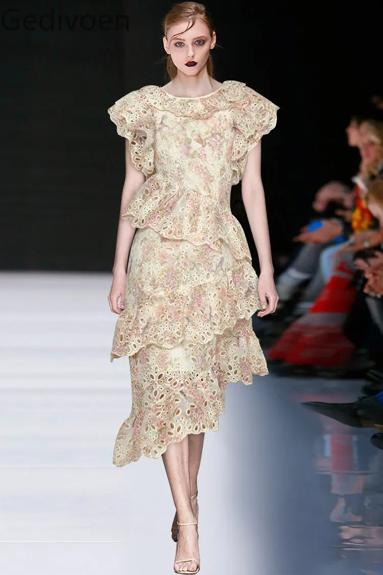 

Gedivoen Fashion Designer Summer Mermaid Dress Women's Butterfly Sleeve Hollow out Flower Print Vintage Party Dresses