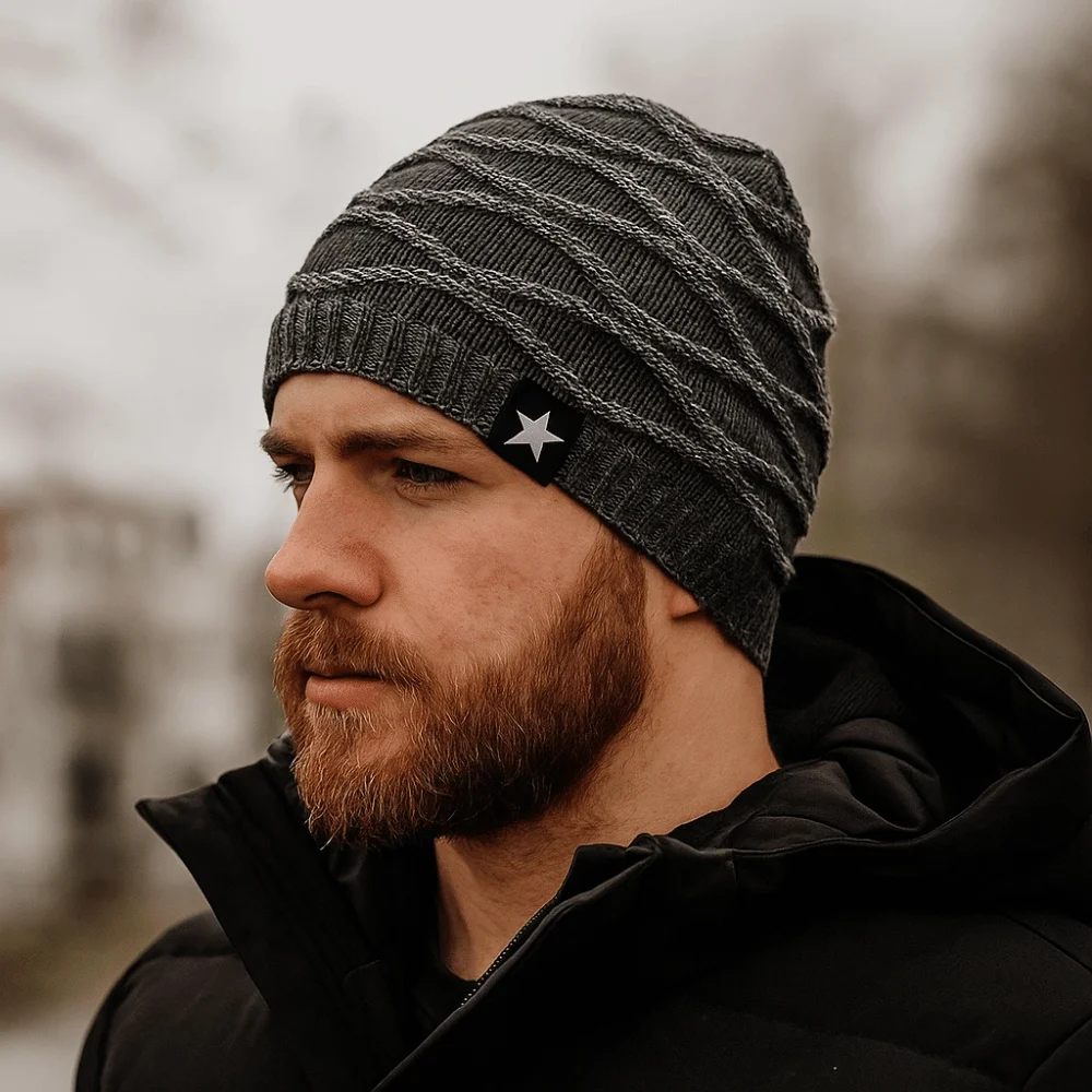 

Casual Thickened Fleece Pile Cap Rhombus Jacquard Star Beanies Hat Windproof Warm Cycling Pullover Cap Outdoor