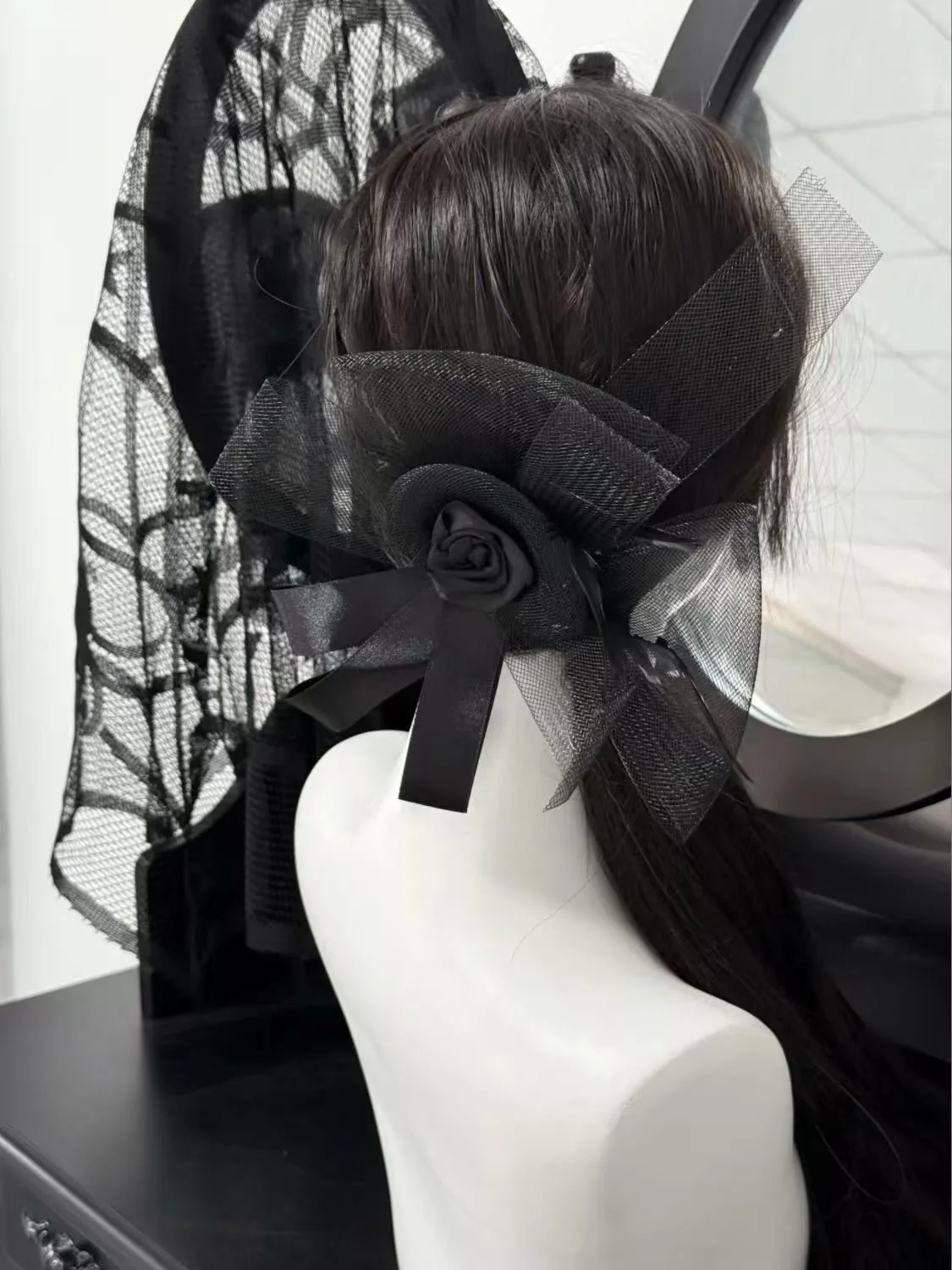 Gótico lolita laço preto grande arco fita retro escuridão feminino menina headwear retro hairpin acessórios
