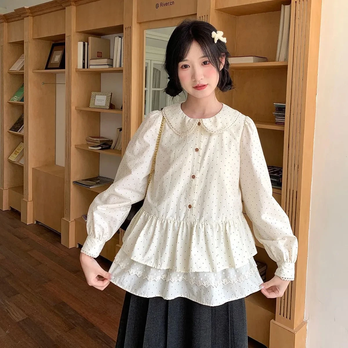 

Japanese Sweet Polka Dot Ruffles Shirts Women Peter Pan Collar Loose Long Sleeve Y2k Tops Vintage Casual Blouse Blusas