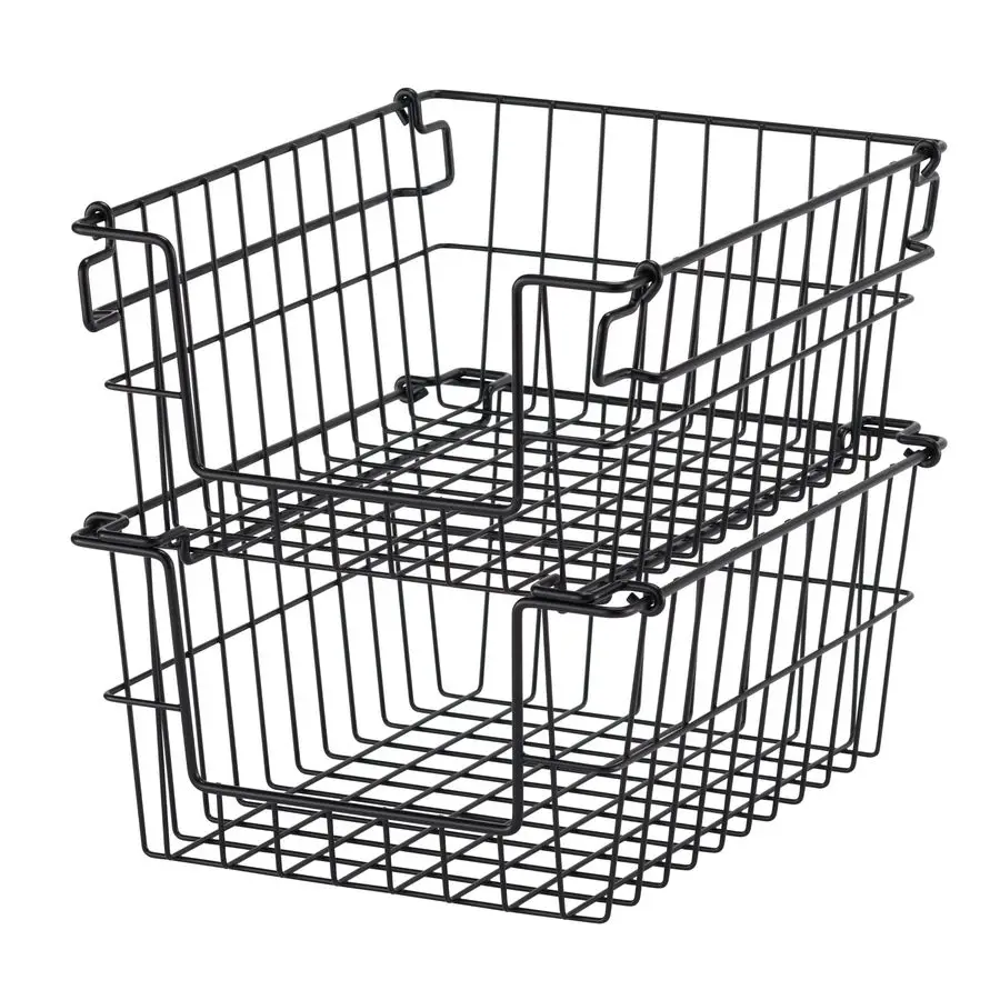 

2Pack Stackable Metal Wire Storage Baskets With Handles, Black, 11 Inches