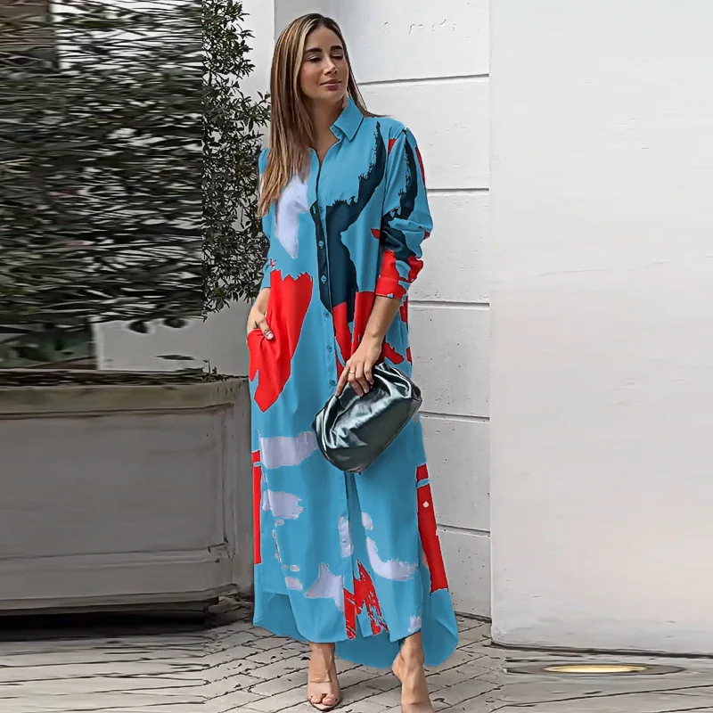 Shirt Maxi Dress For Women Fashion Print Turn Down Collar Casual Long Dresses Women Autumn Button Party Loose Pocket Robe Female