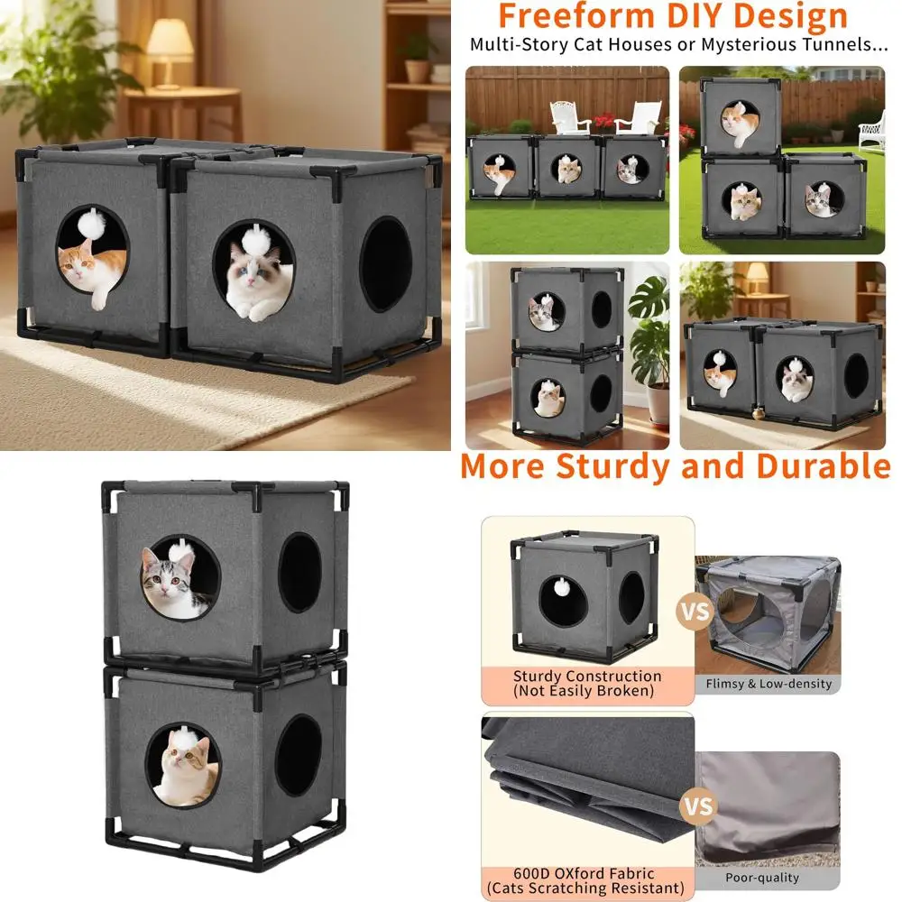 

2-Story Indoor Cat House with Velvet Bed, Fluffy Ball, and Multi-Functional Condo in Grey