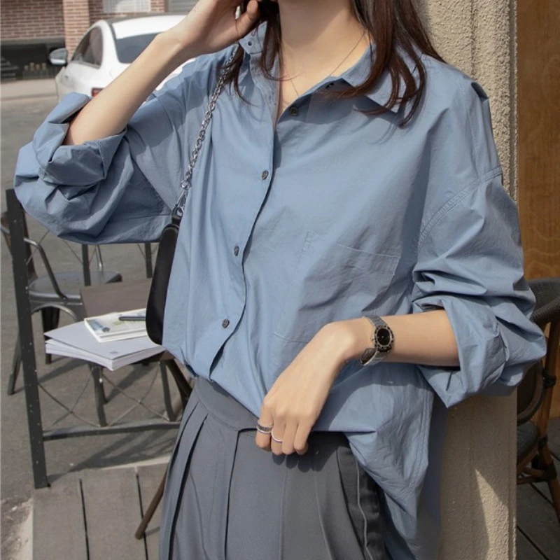Korean Style Long-sleeved Shirt Ladies Spring New Lazy Retro Green Blouse Women\'s Clothes Tops Casual Female Solid Simple Shirt