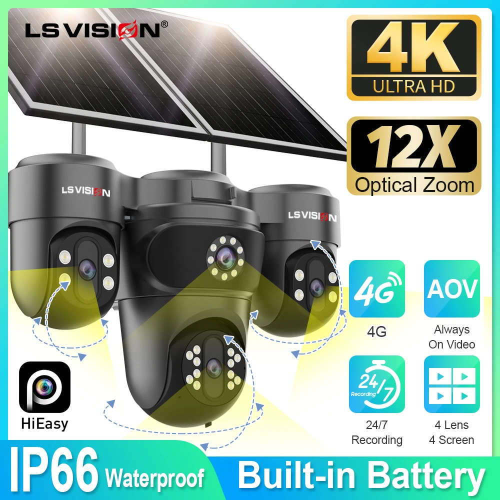LS VISION 20MP Four Screens 12X Optical Zoom Outdoor Solar Camera 3 PTZ 360 By APP Built-in 14400mAh Batteries CloudSIM 16Wpanel