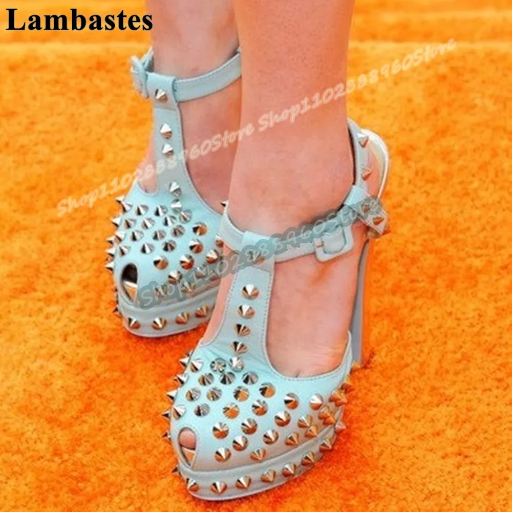 

White Leather T Strap Rivets Platform Sandals Spike High Heel Women Shoes Ankle Buckle Strap Peep Toe Party Stylish Sandals