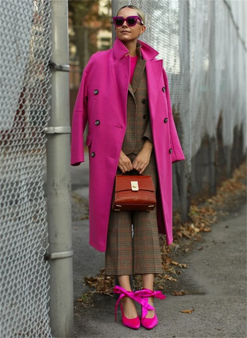 Costume de styliste en laine pour femmes, veste longue d'hiver, Trench-Coat épais, sur mesure, 1 pièce, rose vif, robe de bal formelle