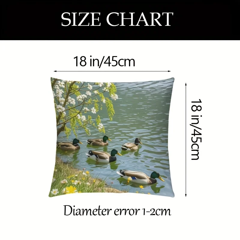 1pc Duck Illustration Pillow Cover 45x45cm – Pond Scene with Blossoms, Printed Cotton-Poly, Zipper Closure, Washable, No Insert