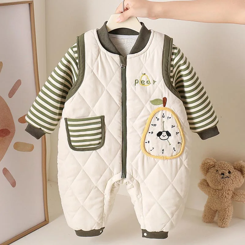 Baby- und Kleinkinder-Herbst-/Winterkleidung, Neugeborenen-Set, verdicktes separates Set, gestreifter Sweatshirt für Jungen, super süßer, gesteppter Overall – Detail 6